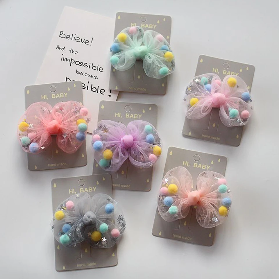 

Fashion Girls' Tulle Hair Bow Clips Colorful Mini Fluffy Ball Pom Poms Stars Lined Alligator Hairpin Hair Accessories HC076