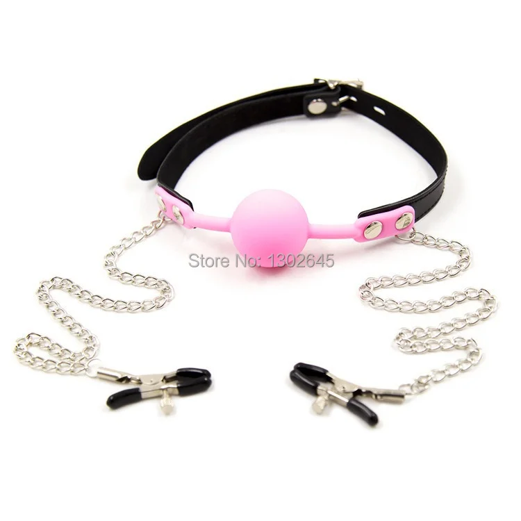 Pink Color Open Mouth Ball Gag With Nipple Clamps Fetish Oral Fixed 
