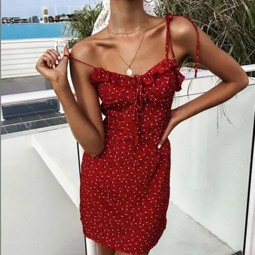 

Women Sexy Sweet Summer Boho Short Dress Evening Floral Strappy Beach Sundress