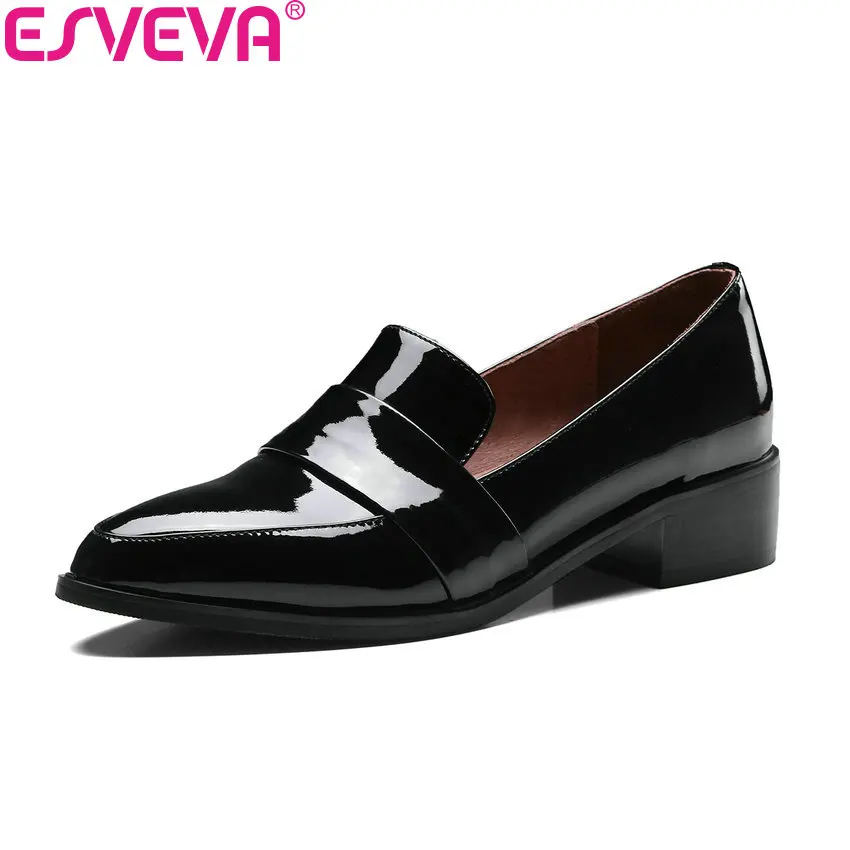 

ESVEVA 2018 Women Pumps Spring Autumn Square Heels Slip on Cow Patent Leather PU Pointed Toe Med Heels Ladies Shoes Size 34-39