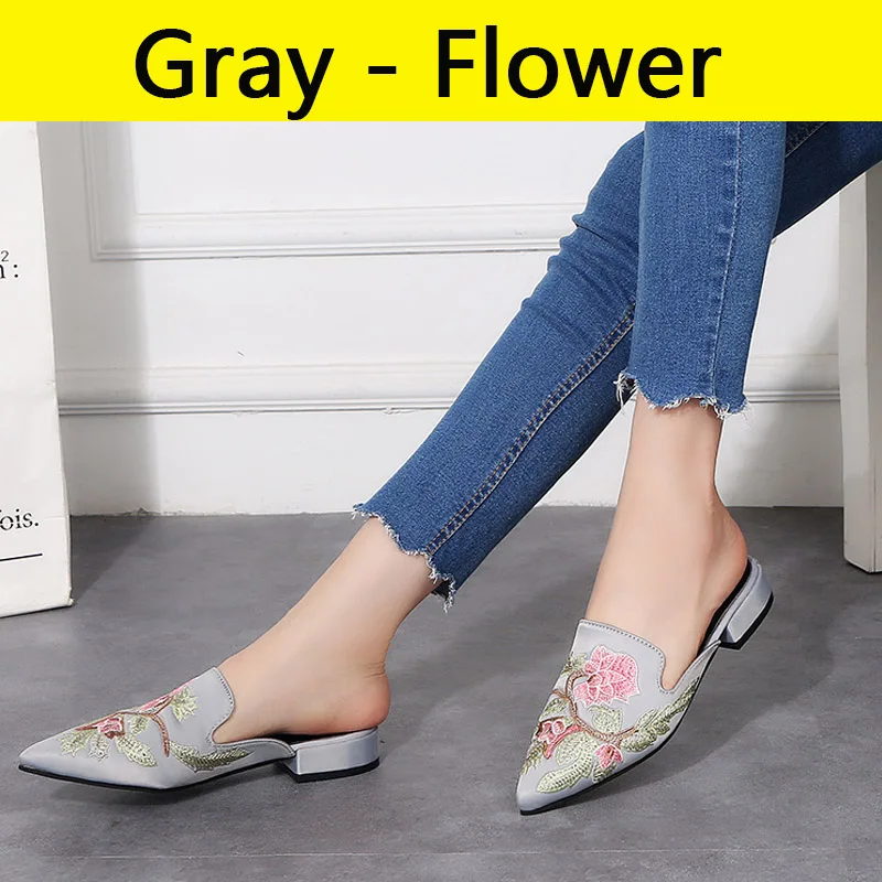 Aphixta/тапочки с острым носком; обувь с вышивкой; женские сандалии на квадратном каблуке; Chanclas Mujer; женские пляжные шлепанцы; большие размеры 34-42 - Цвет: Gray-Flower