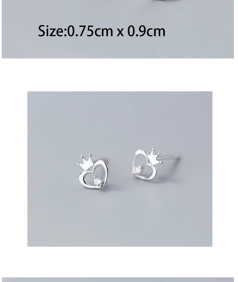 New 100% 925 Sterling Silver Hypoallergenic Crown Heart Earrings Zircon Stud Earring for Women Girl Simple Jewelry Brincos 2018 (4)