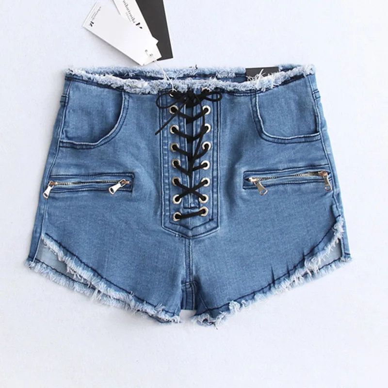 Light blue Летние новые модные на молнии сексуальная высокая талия Шорты женский цвет синий, черный; Большие размеры 34–43 серый стиль колледжа на шнуровке в Корейском стиле джинсовые шорты YH111 - Цвет: Light blue