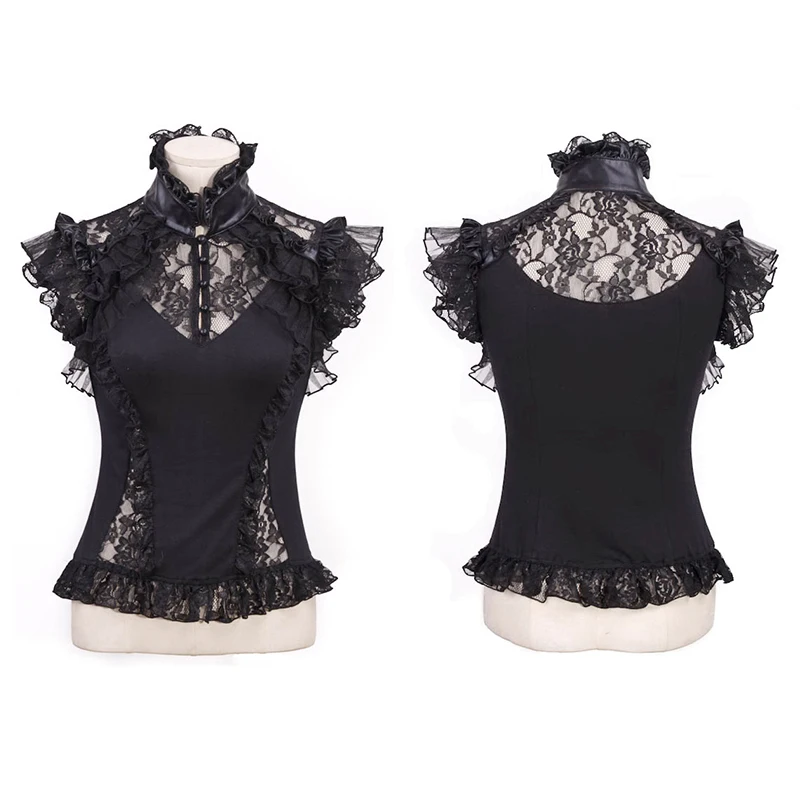 

Gothice Retro Noble Palace Black Sexy Lace Women Blouse Tops Steampunk Fashion Lolita Stand Collar Short Sleeve Lace Blouse