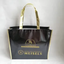 1000 шт/партия 40x35Hx10cm Пользовательский логотип ламинированный черный металлический лазер нетканые сумки для покупок на плечо с золотым краем и ручкой