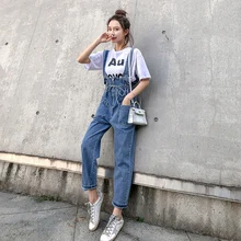 Корейский стиль, короткий рукав, женский джинсовый комбинезон-шаровары, комбинезон с буквенным принтом, Женский Большой Свободный комбинезон в стиле хиппи