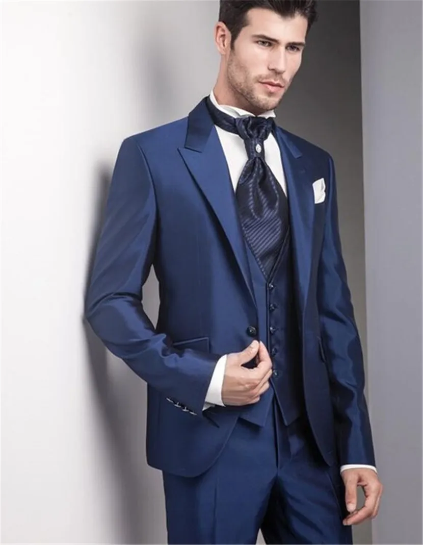 Дизайн Slim Fit синий Жених костюмы с остроконечным лацканом лучшие мужские свадебные платья Одежда для выпускного вечера(куртка+ брюки+ жилет