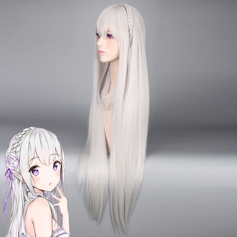 Coshome ReZero Emilia Satella Cosplay Wigs Life In A Different World From Zero 100cm Gray Long Hair With Braid (5)