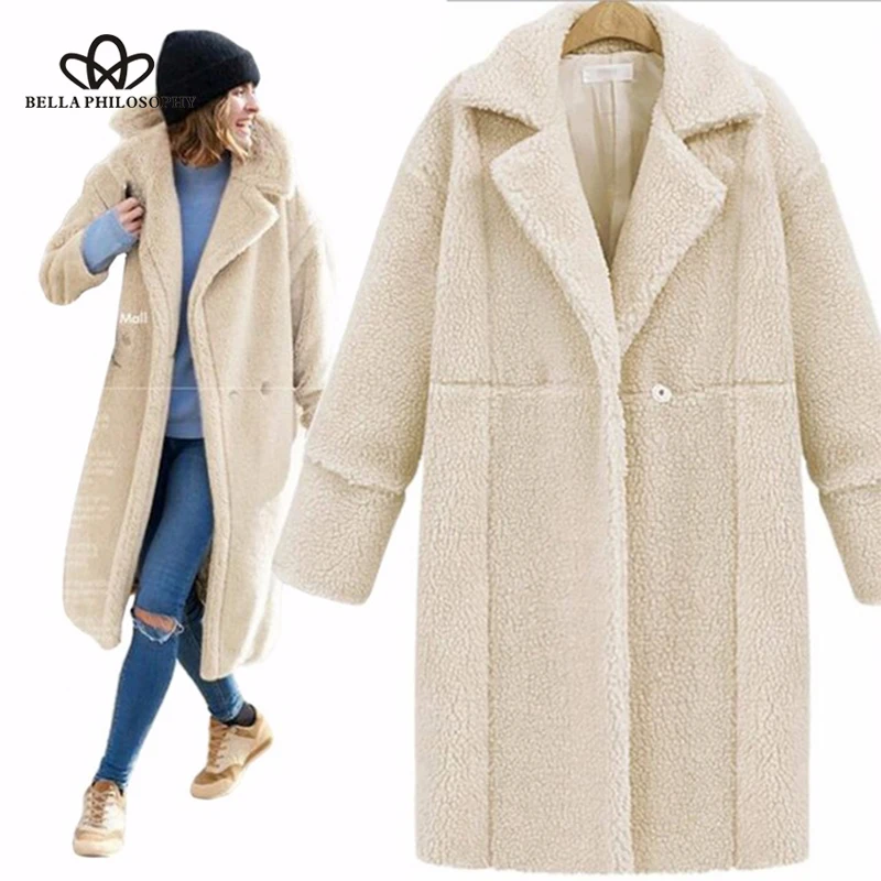 Bella Philosophy winter thick warm women jackets faux Lamb velvet wool V neck long female coats Cloaks women basic trench coats