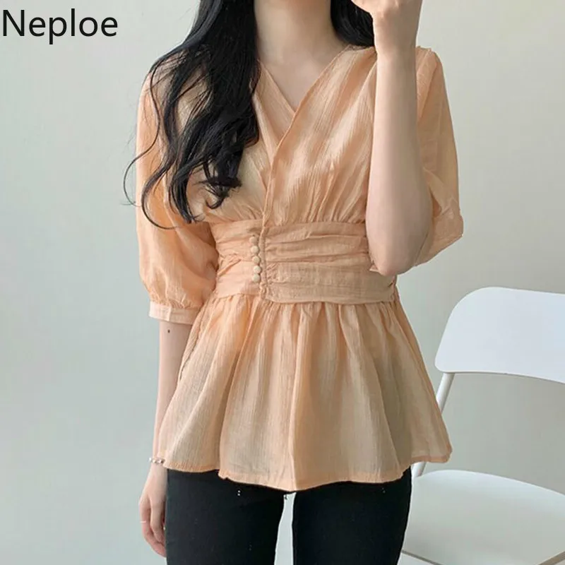 

Neploe Korean Elegant Women Blouses V Neck Solid Color Tunic Clothes Ladies Tops Half Sleeve Fanshion Femme Blusas Shirts 39411