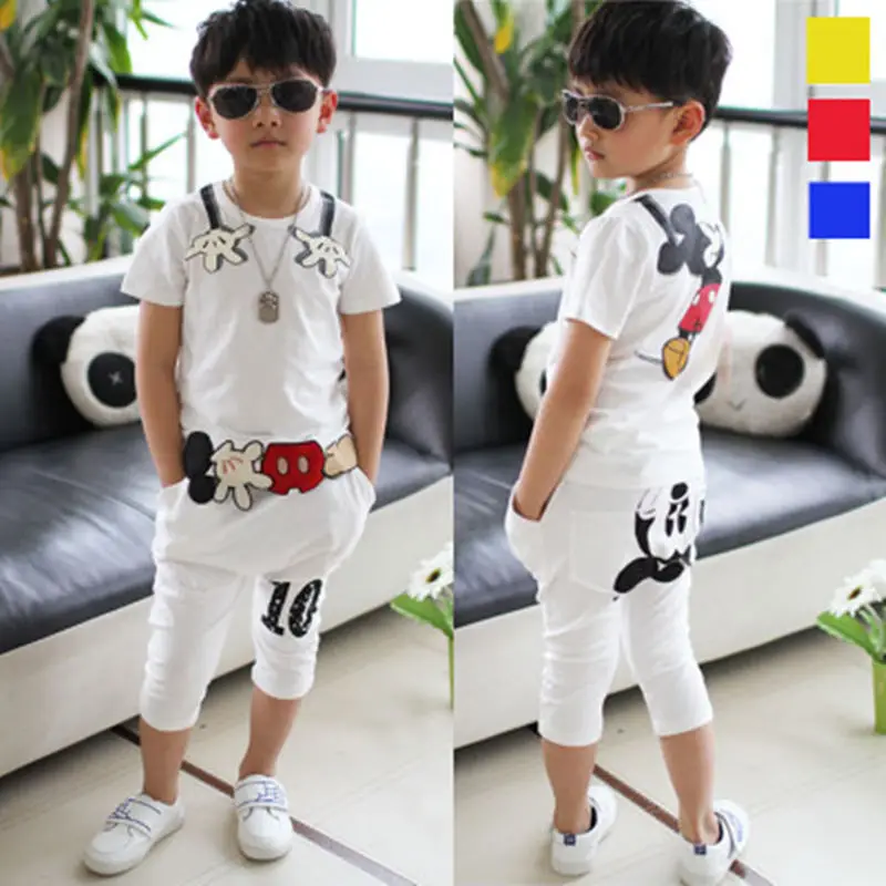 Летняя спортивная футболка с короткими рукавами и вышивкой Микки для мальчиков комплект со штанами «Harlan», «Seven Points», изысканная детская одежда комплект из 2 предметов - Цвет: White