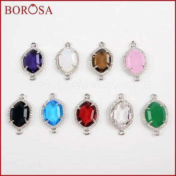 

BOROSA 10/15PCS Silver Color CZ Micro Pave Rhinestone Faceted Stone Connectors Rainbow for Bracelet Jewelry Making WX920