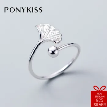 

PONYKISS Trendy 100% 925 Sterling Silver Chic Ginkgo Resizable Opening Ring Women Party Delicate Accessory Birthday Fine Gift