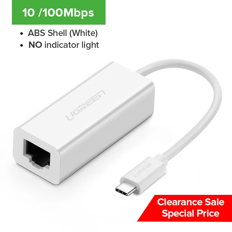 Ugreen USB C Ethernet USB-C RJ45 Lan адаптер для MacBook Pro samsung Galaxy S9/S8/Note 9 type C сетевая карта USB Ethernet - Цвет: 100Mbps-ABS White