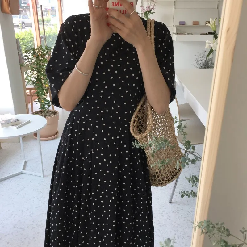 

Women Summer Black And White Polka Dot Dress Casual Short Sleeve Lace Up Slim Dress Back Button Maxi Dress