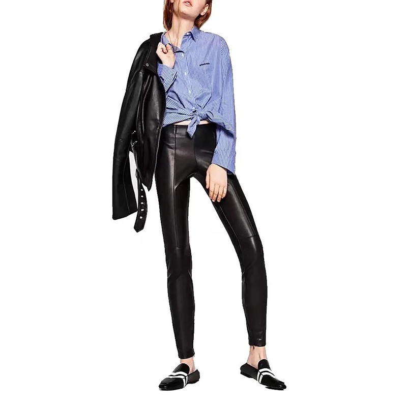 Высококачественные обтягивающие кожаные женские брюки, осенние брюки из искусственной кожи, серебристые черные узкие брюки с боковой молнией и высокой талией