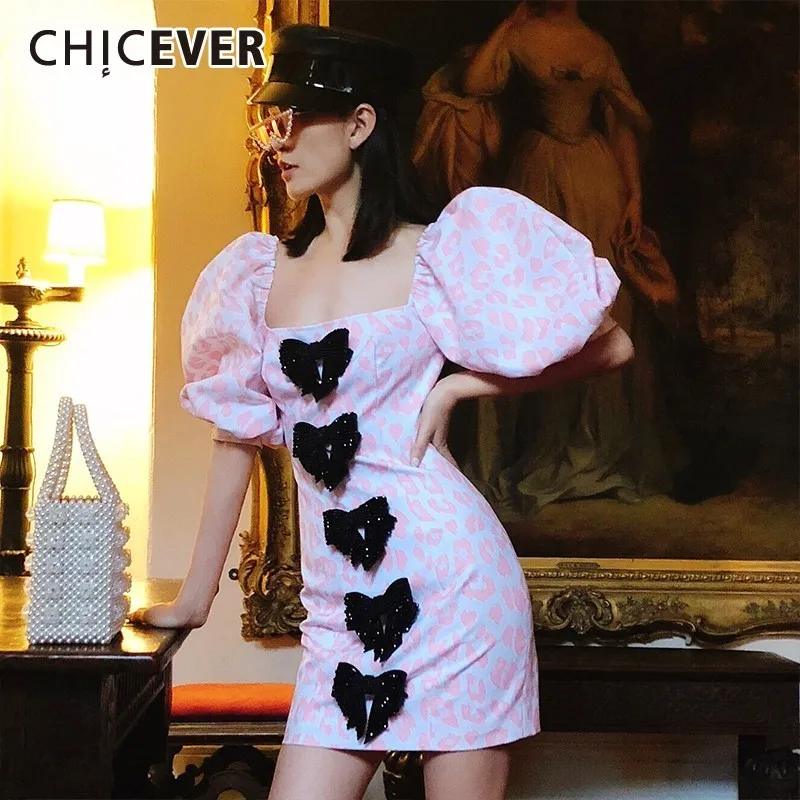 CHICEVER مثير ليوبارد اللباس للنساء ساحة طوق نفخة كم عالية الخصر خليط القوس سليم البسيطة فساتين الإناث الصيف 2019