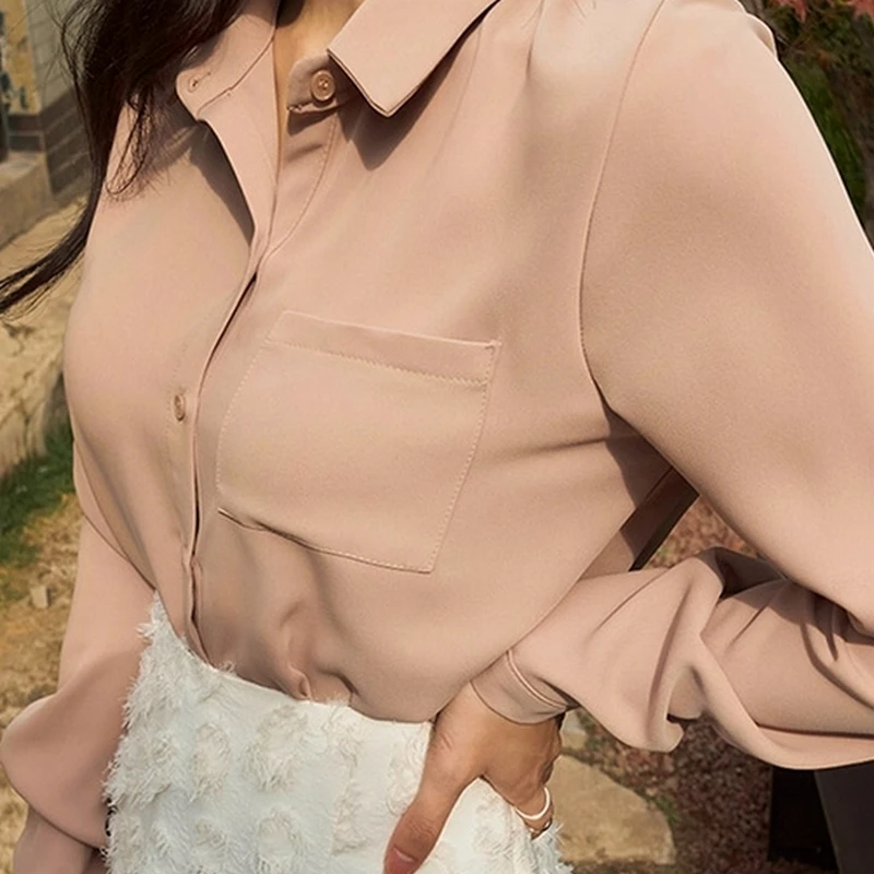 Women Office Chiffon Shirt Long Sleeve Turn-Down Collar Casual Blouse Tops Ladies Solid Single-Breasted White Blusa Feminina