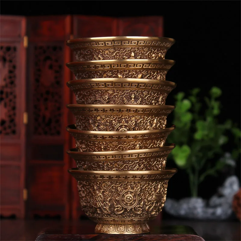 Тибетские предметы буддизма восемь благоприятно вырезанных чистой меди стакана воды для церемонии Будды/7 в 1