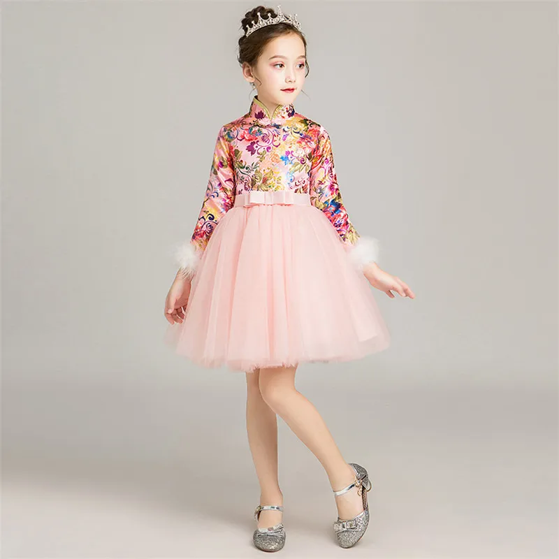 

Kids Children Chinese Style Printing Flowers Pattern Autumn Winter Warm New Year Birthday Cheongsam Dress Girls Piano Dress