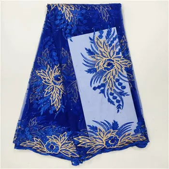 

Royal Blue African Lace Fabrics Fashion Embroidery Beads Net Lace Fabric With Stones Hot Sale French Tulle Lace 5Yards