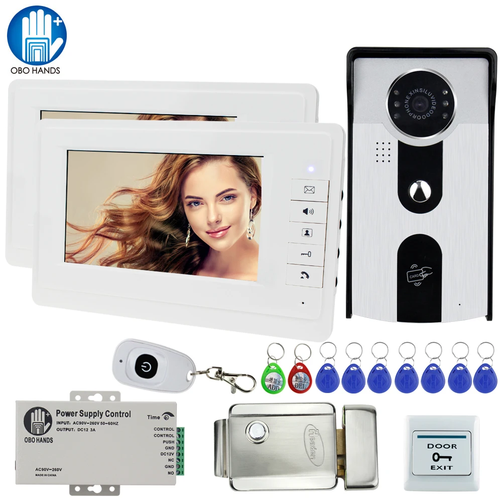 

7'' Wired Video Intercom System Kit set RFID Night Vision Camera with 2 indoor Monitors + Metal Electric Lock key unlocking home