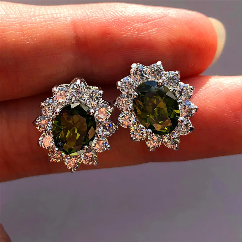 

Boho Female Luxury Peridot Stud Earrings Vintage 925 Sterling Silver Wedding Jewelry White Blue Red Earrings For Women