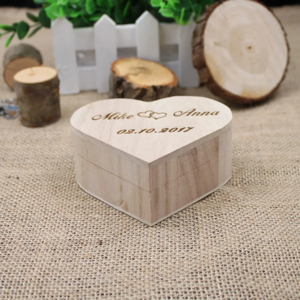 Индивидуальный подарок деревенская свадьба в форме сердца кольцо на носителя коробки на заказ ваши названия и дата гравировка по дереву обручальное кольцо коробка