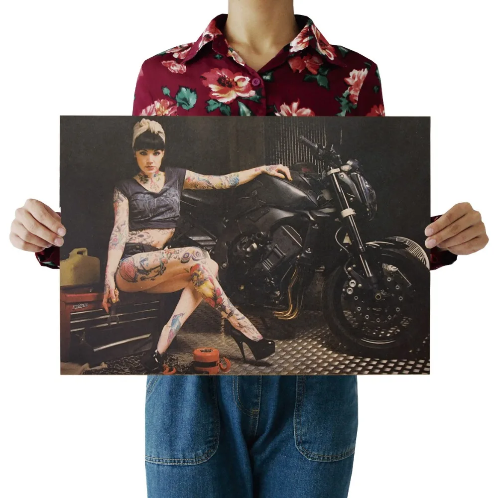 

W tattoo beauty and Motorcycle/Famous view/classic photo/kraft paper/bar poster/Retro Poster/decorative painting 51x35.5cm