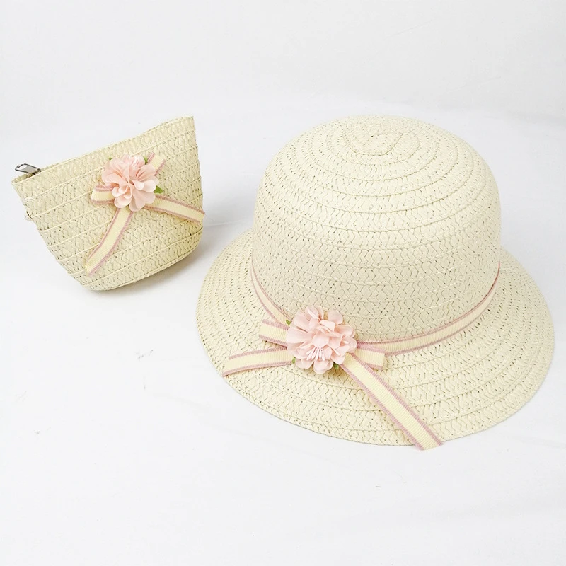 SUEF/ hot new cute rabbit head children straw hat girl princess hat travel student sunshade beach hat two-piece