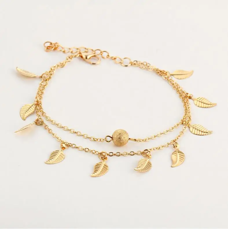 

bohemian Delicate Summer Women Tassel leaves Double Layer Ankle bracelet Chain Simple anklets Elegant Beach Jewelry enkelbandje
