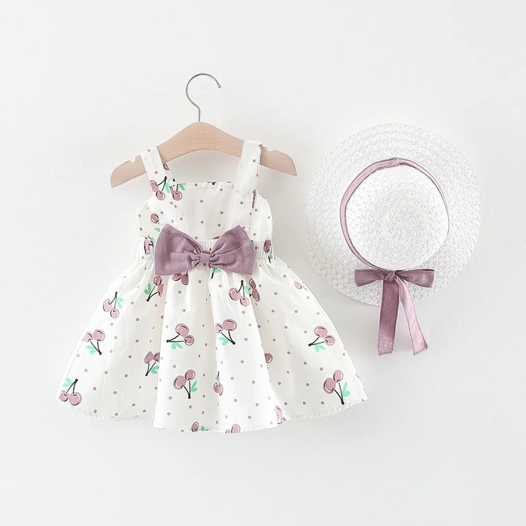 

Summer New Fashion Toddler Baby Kids Girls Sleeveless Cherry Dot Bow Princess Dresses Bow Hat Outfits Wholesale Free Ship Z4