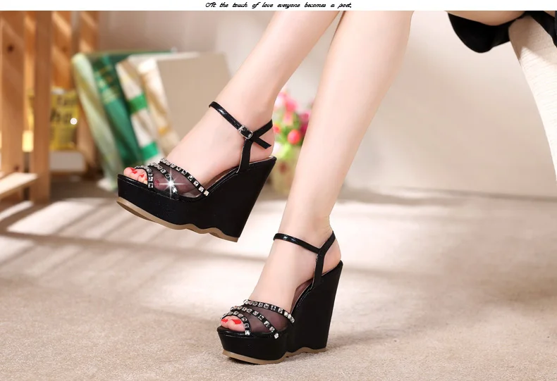 27_2016 Summer Fashion Elegant Footwear Peep Toe Black High Heeled Platform Sandals Silver Diamond Wedges Shoes Women Small Size