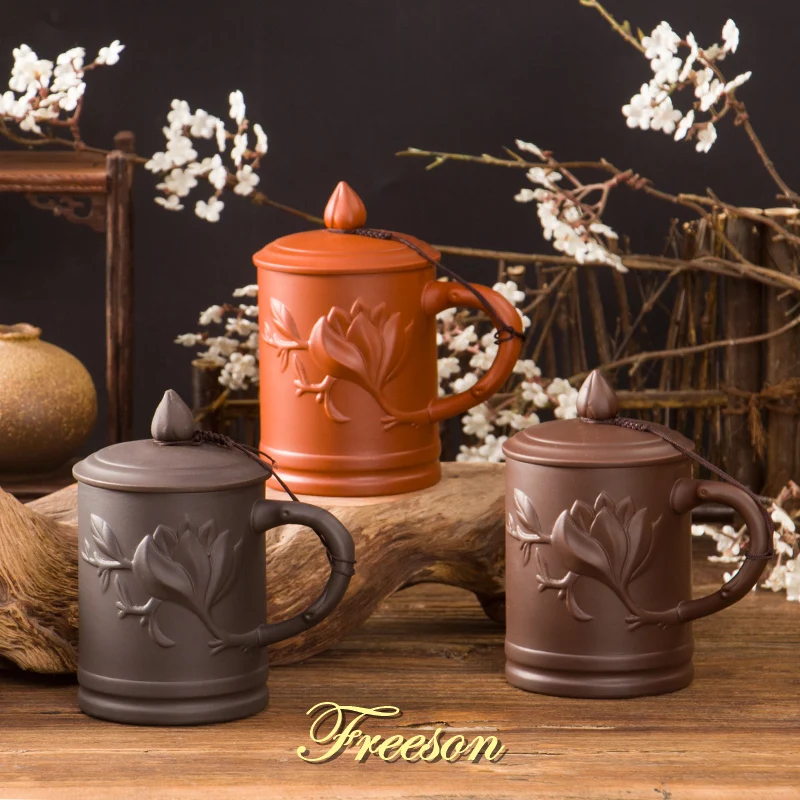 

Retro Traditional Chinese Yixing Zisha Tea Mug with Lid Peach Bamboo Purple Clay Tea Cup 420ml Teacup Office Mug Drop Shipping
