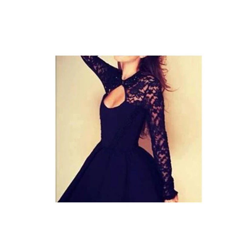2016 Women Autumn Dress Sexy Black Lace Flower A Line Dress Long Sleeve Party Backless Mini Dresses Hot Sale Women's Clothing (2)