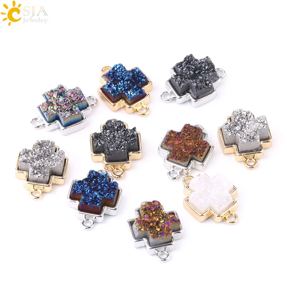 

CSJA Cross Druzy Connector Beads Natural Stone Jewelry Finding Charm for DIY Bracelets Two Buckles Needlework Accessories F689