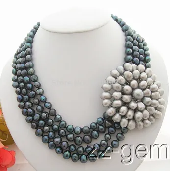 

FREE SHIPPING>@@> Wholesale Free P&P***4Strds Black Pearl&Gray Pearl Flower Necklace-Cameo Clasp