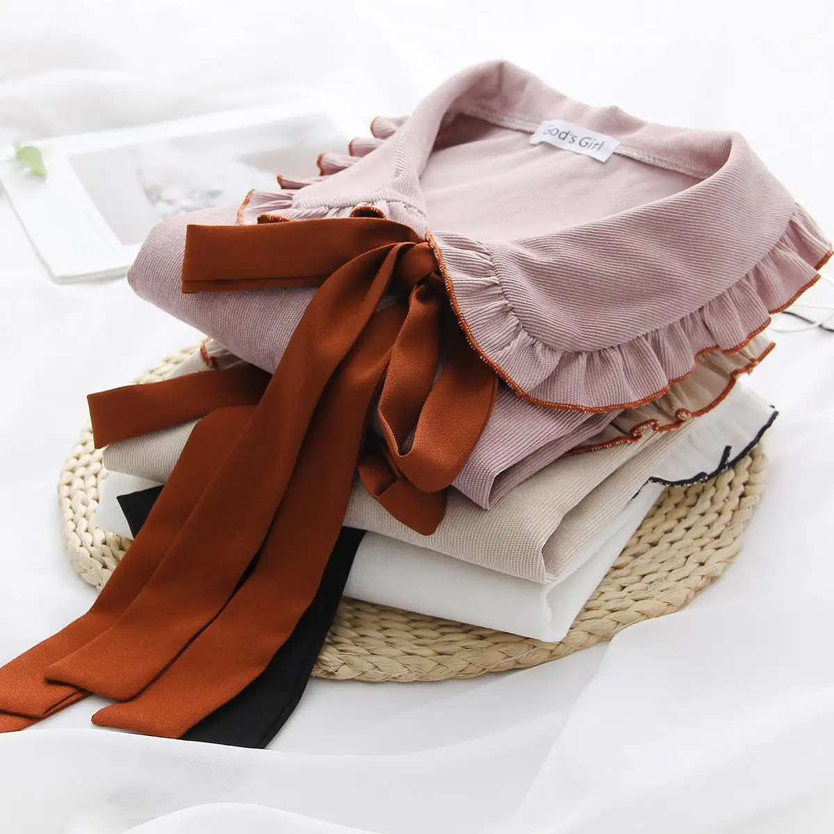 

Women Long Sleeve Shirt Spring Autumn Lace Up Collar Korean Fashion Tops and Blouses Solid Color White Pink Fungus Female Blouse