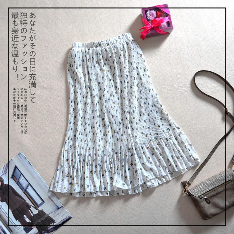 

2019 Women's Summer New Mid-waist Pleated Print Chiffon Skirt Floral Skirt A-Line Casual Chiffon Natural Mid-Calf