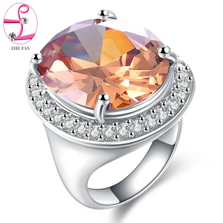 ZHE FAN AAA Redondo Grande Cubic Zirconia Anillos de Compromiso Para Las Mujeres de Regalo de Navidad Joyería Claro Champán Púrpura Tamaño 6-10