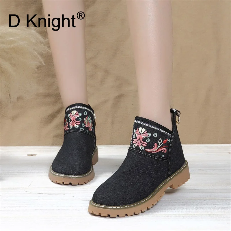 

Original Retro Women Chelsea Boots Ethic Style Women's Shoes Casual Flat Women's Ankle Boots Embroidery Flower Ladies Snow Boots