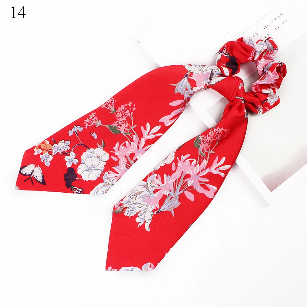 summer Ponytail Scarf Elastic Hair Rope for Women Hair Bow Ties Scrunchies Hair Bands Flower Print solid Ribbon Hairbands - Цвет: 14