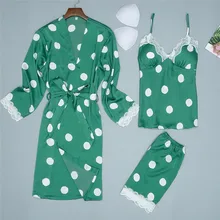 Сексуальное ночное белье, комплект одежды для сна с длинными рукавами, в горошек, с принтом, 4 предмета, комплекты, халат на бретельках, пижамы, пижамы, сексуальные женские пижамы, femininos4EM