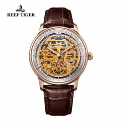 Риф Тигр/RT Повседневное Скелет автоматические часы кожаный ремешок розового золота наручные часы для Для мужчин RGA1975
