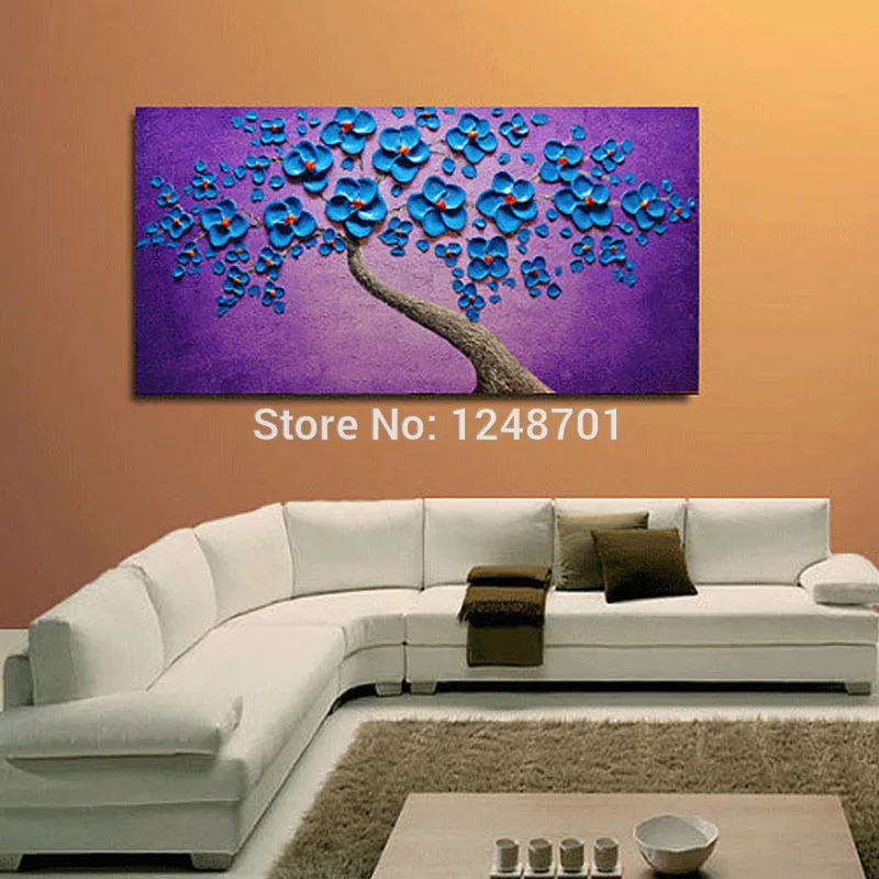 

handmade Blooming Tree landscape oil painting heavy thick palette knife blue flower painting on canvas for wall decor