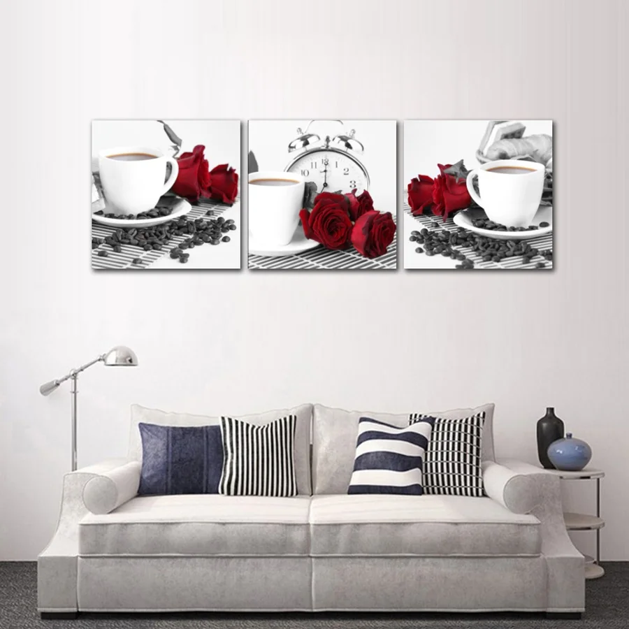 

AtFipan Promotion Unframed 3 Panels Wall Art Poster Canvas Paintings Coffee and Red Rose Picture for Kitchen Home Decoration