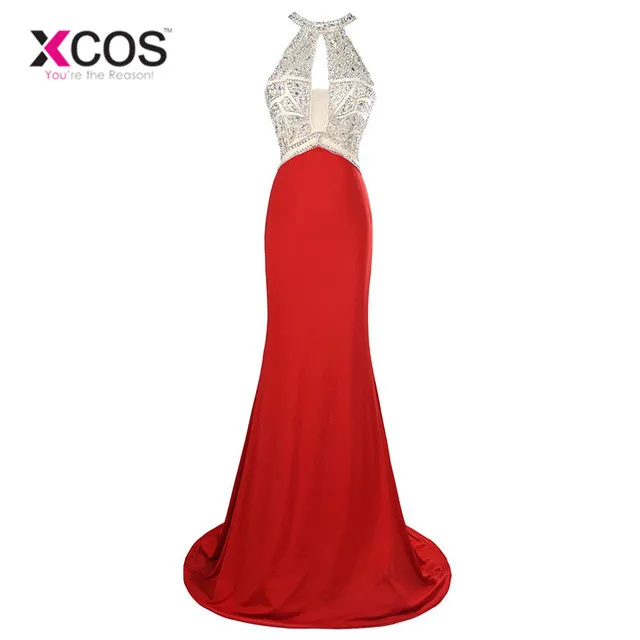 

Long Mermaid Prom Dresses Beaded Sequin Backless Sleeveless High Slit O Neck Red Formal Gowns Sexy Party Dress Prom SC18
