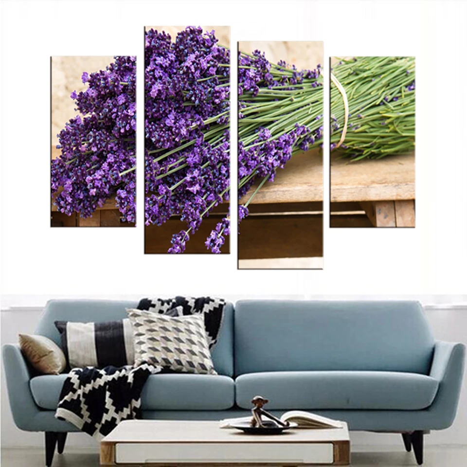 Beautiful-4-Painel-roxo-da-flor-da-alfazema-campo-impress-es-de-lona-pintura-a-leo