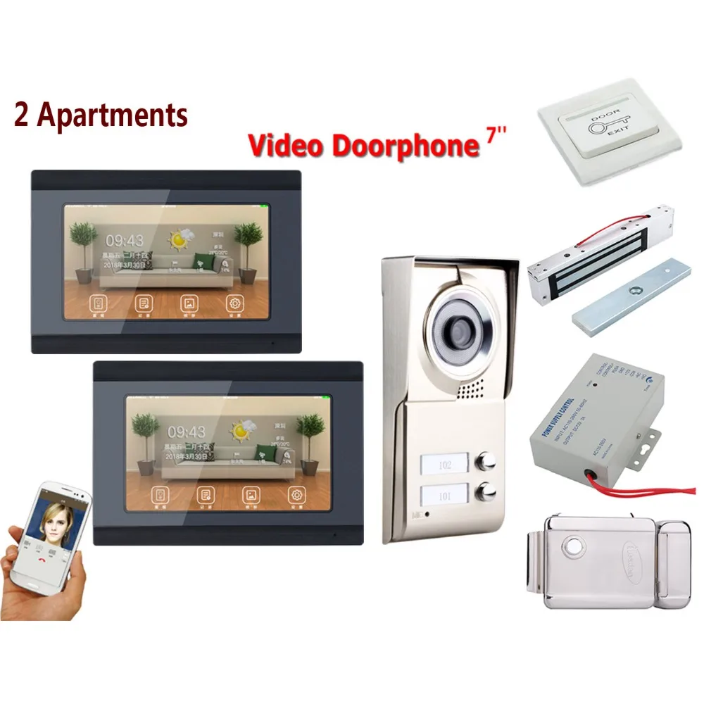 

Home set 7inch Record wireless Wifi 2 Apartments Video Door Phone Intercom System HD 1000TVL Camera Doorbell+Electric Lock