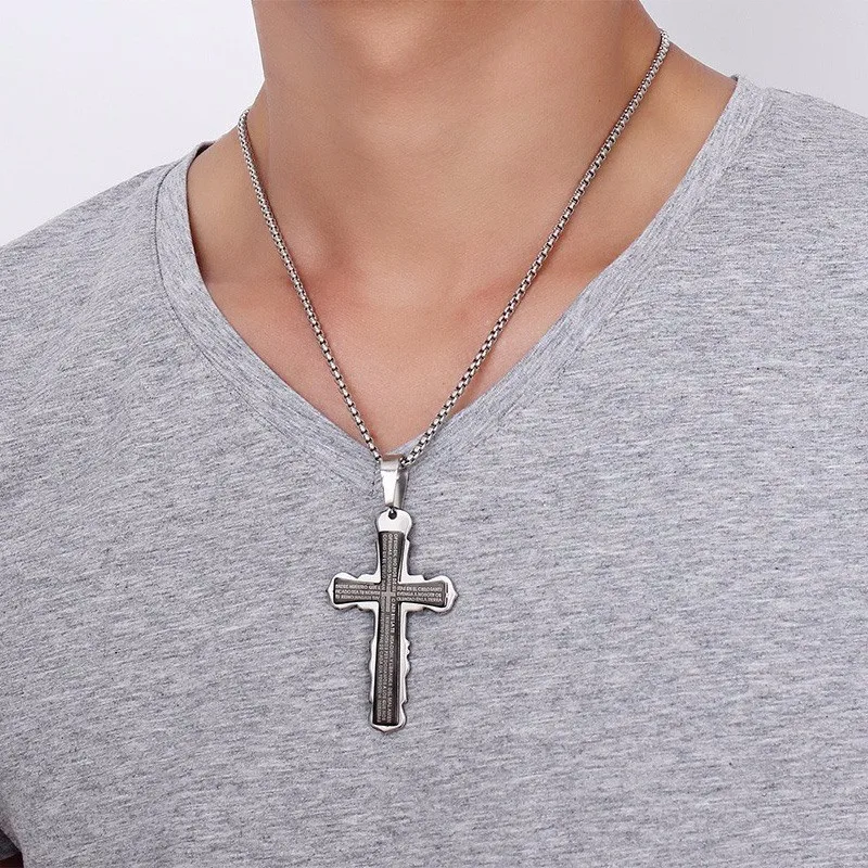 

Men's Black Bible Lord's Prayer Jesus Christ Cross Pendant Necklace in Stainless Steel Men Style Crucifix Religious Jewellery